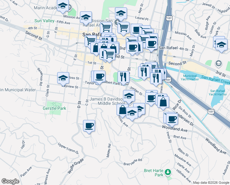 map of restaurants, bars, coffee shops, grocery stores, and more near 615 Lindaro Street in San Rafael