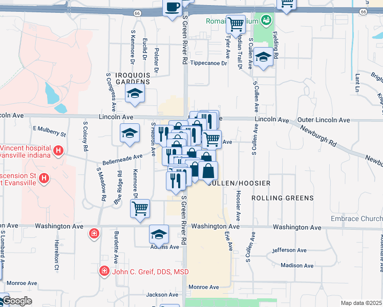 map of restaurants, bars, coffee shops, grocery stores, and more near 1101-1399 Washington Square in Evansville