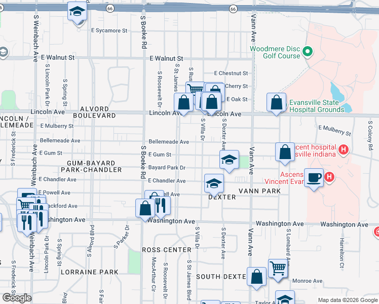 map of restaurants, bars, coffee shops, grocery stores, and more near 2708 Bayard Park Drive in Evansville