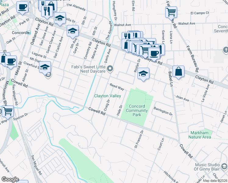 map of restaurants, bars, coffee shops, grocery stores, and more near 1248 Craig Drive in Concord