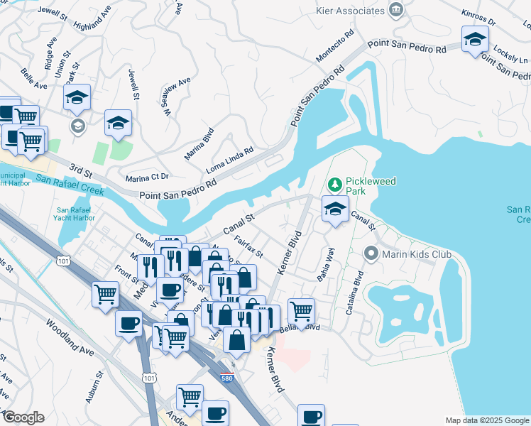 map of restaurants, bars, coffee shops, grocery stores, and more near 50 Sonoma Street in San Rafael