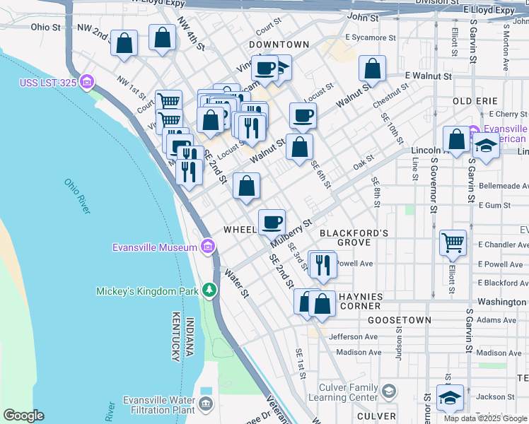 map of restaurants, bars, coffee shops, grocery stores, and more near 420 Southeast 2nd Street in Evansville