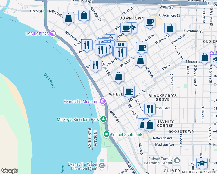 map of restaurants, bars, coffee shops, grocery stores, and more near 400 Southeast 1st Street in Evansville