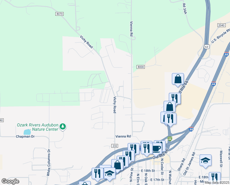 map of restaurants, bars, coffee shops, grocery stores, and more near 211 Roseglade in Rolla