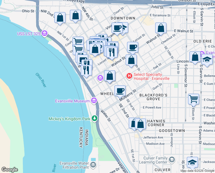 map of restaurants, bars, coffee shops, grocery stores, and more near 327 Southeast 2nd Street in Evansville