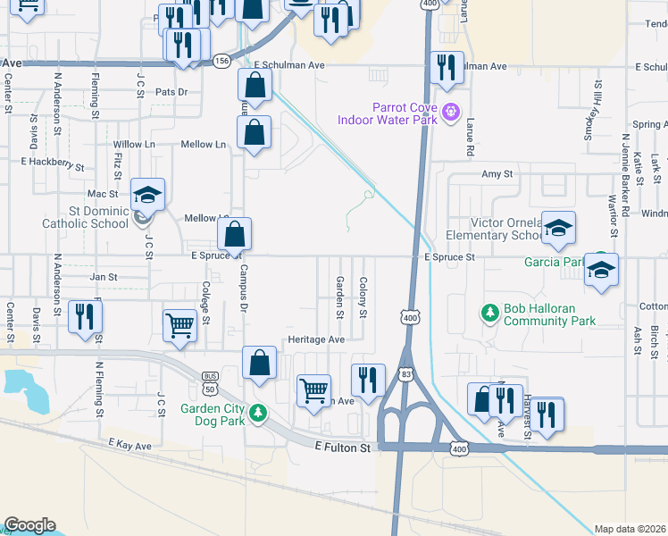 map of restaurants, bars, coffee shops, grocery stores, and more near 508 Campus View Street in Garden City