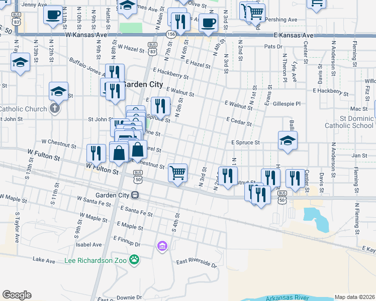 map of restaurants, bars, coffee shops, grocery stores, and more near 309 N 4th St in Garden City