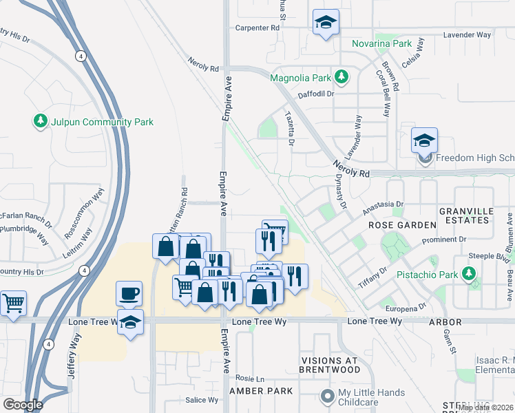 map of restaurants, bars, coffee shops, grocery stores, and more near 2800 Empire Ave in Brentwood