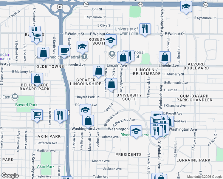 map of restaurants, bars, coffee shops, grocery stores, and more near 1506 Bayard Park Drive in Evansville