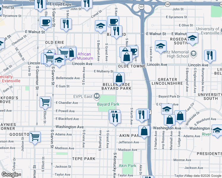 map of restaurants, bars, coffee shops, grocery stores, and more near 901-989 Bayard Park Drive in Evansville