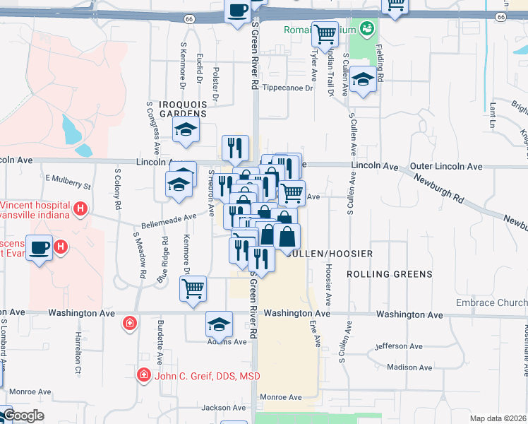 map of restaurants, bars, coffee shops, grocery stores, and more near 1101-1399 Washington Square in Evansville