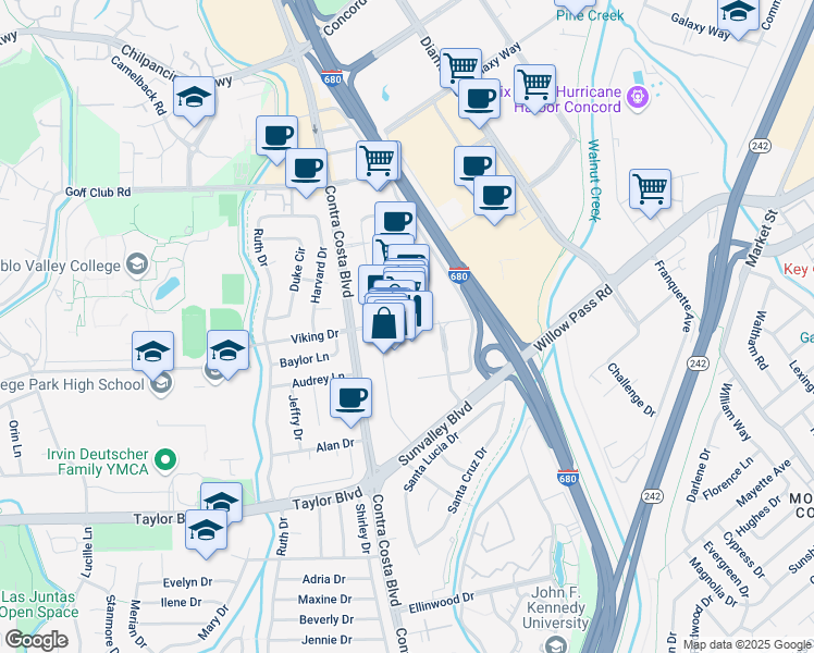 map of restaurants, bars, coffee shops, grocery stores, and more near 422 Sun Valley Mall in Concord