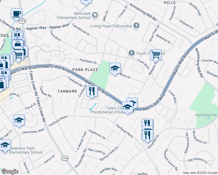 map of restaurants, bars, coffee shops, grocery stores, and more near 3841 Niagara Drive in Lexington
