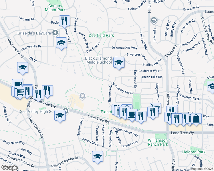 map of restaurants, bars, coffee shops, grocery stores, and more near 4561 Park Hill Court in Antioch