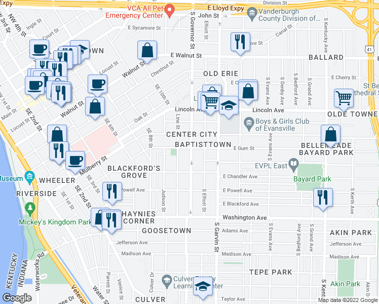 map of restaurants, bars, coffee shops, grocery stores, and more near 755 South Governor Street in Evansville