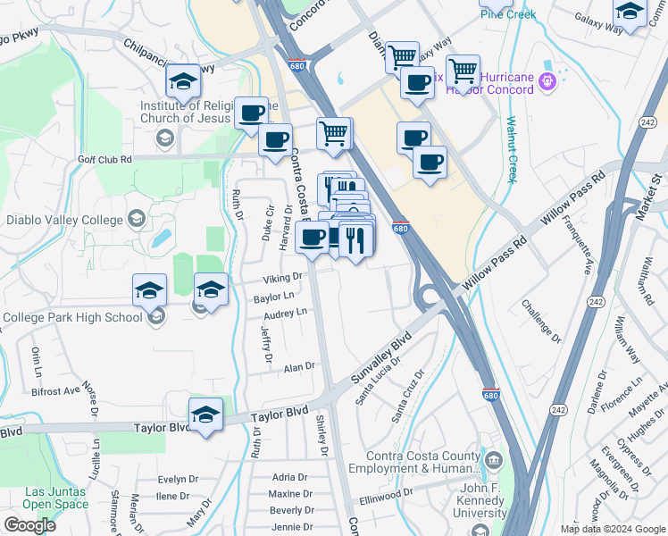 map of restaurants, bars, coffee shops, grocery stores, and more near 111 Sun Valley Mall in Concord