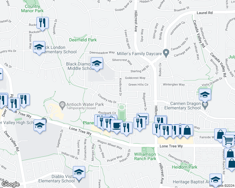map of restaurants, bars, coffee shops, grocery stores, and more near 4873 Highlands Way in Antioch