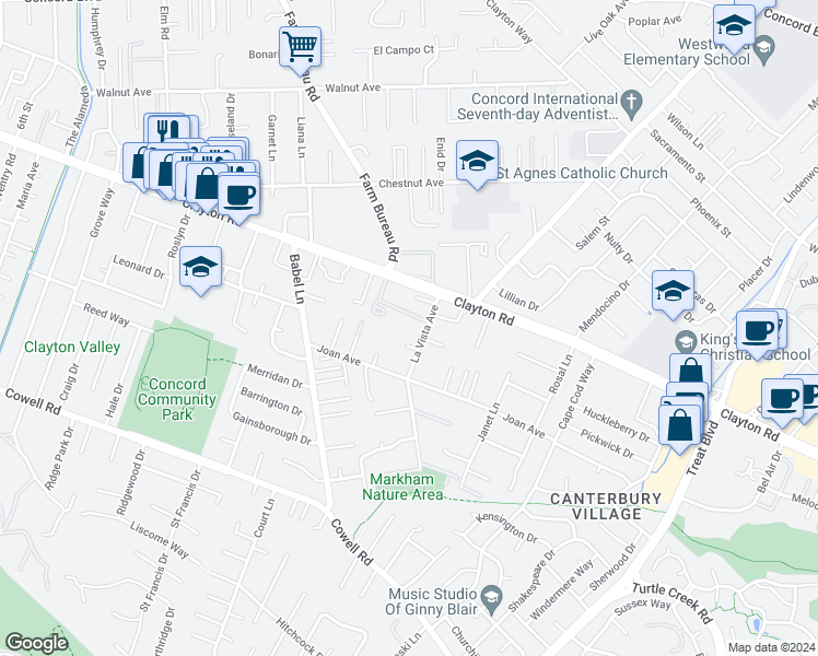 map of restaurants, bars, coffee shops, grocery stores, and more near 1443 La Vista Avenue in Concord