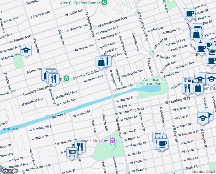 map of restaurants, bars, coffee shops, grocery stores, and more near 2107 North Pershing Avenue in Stockton