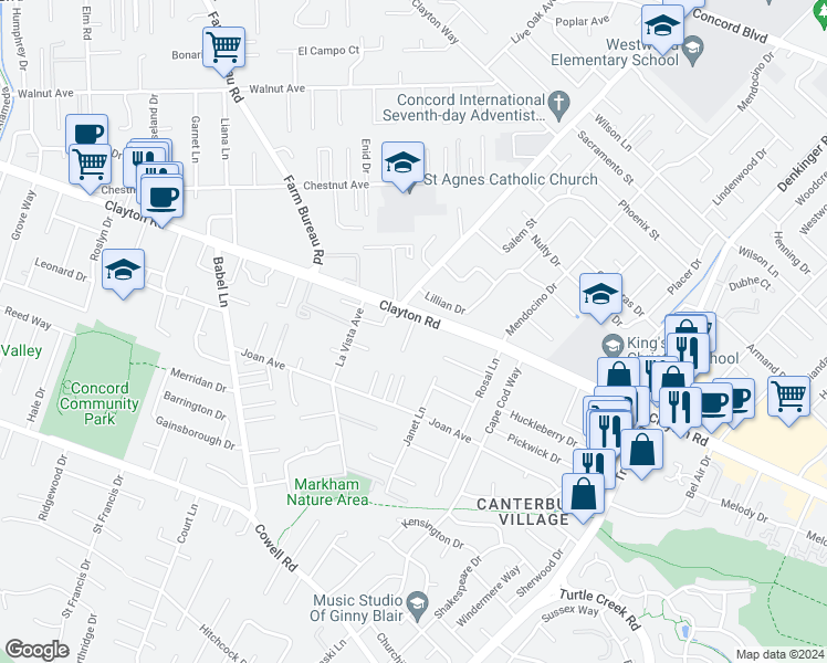 map of restaurants, bars, coffee shops, grocery stores, and more near 4012 Lillian Drive in Concord
