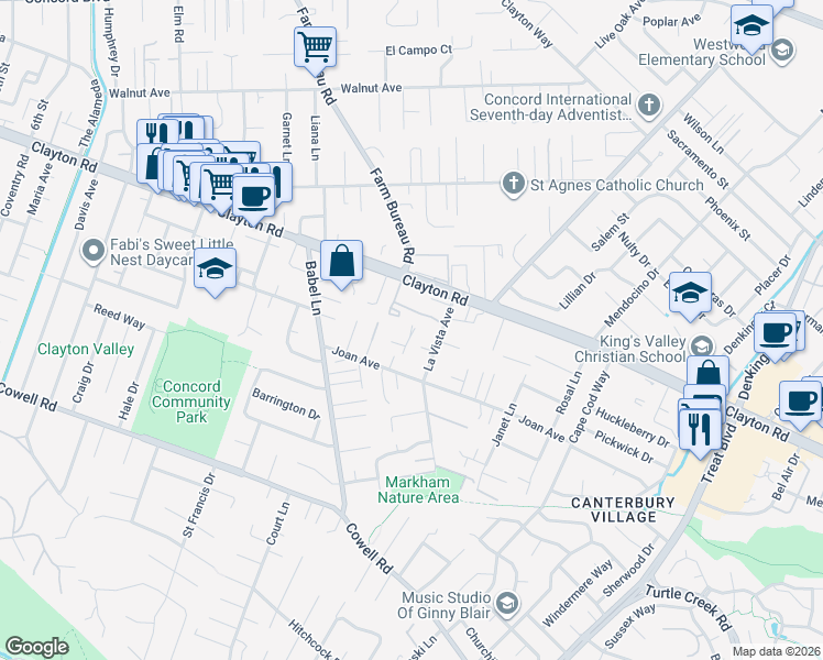 map of restaurants, bars, coffee shops, grocery stores, and more near 3806 Clayton Road in Concord