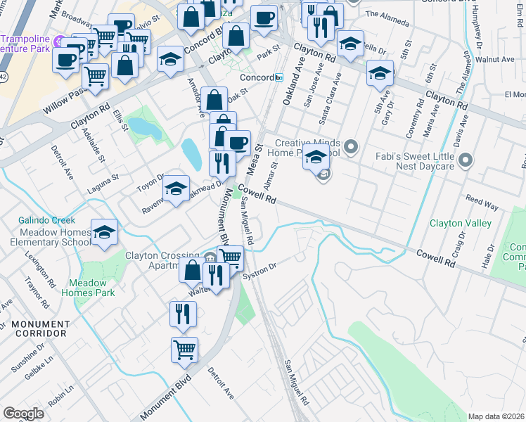 map of restaurants, bars, coffee shops, grocery stores, and more near 2819 Cowell Road in Concord