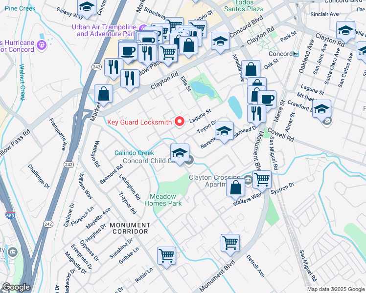 map of restaurants, bars, coffee shops, grocery stores, and more near 1463 Toyon Drive in Concord