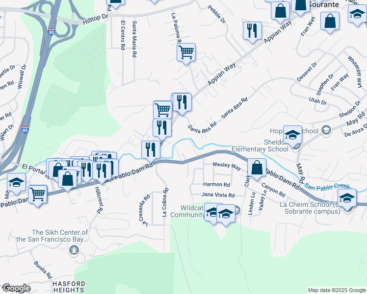 map of restaurants, bars, coffee shops, grocery stores, and more near 4231 San Pablo Dam Road in El Sobrante