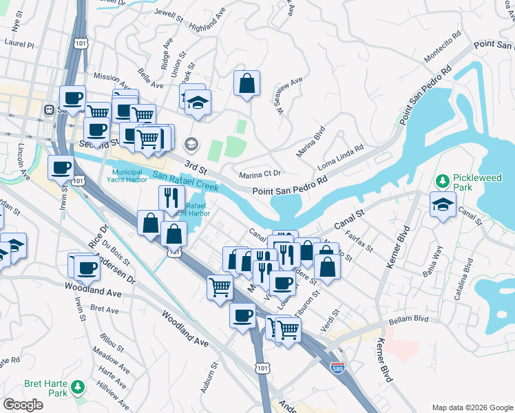 map of restaurants, bars, coffee shops, grocery stores, and more near 4 Point San Pedro Road in San Rafael