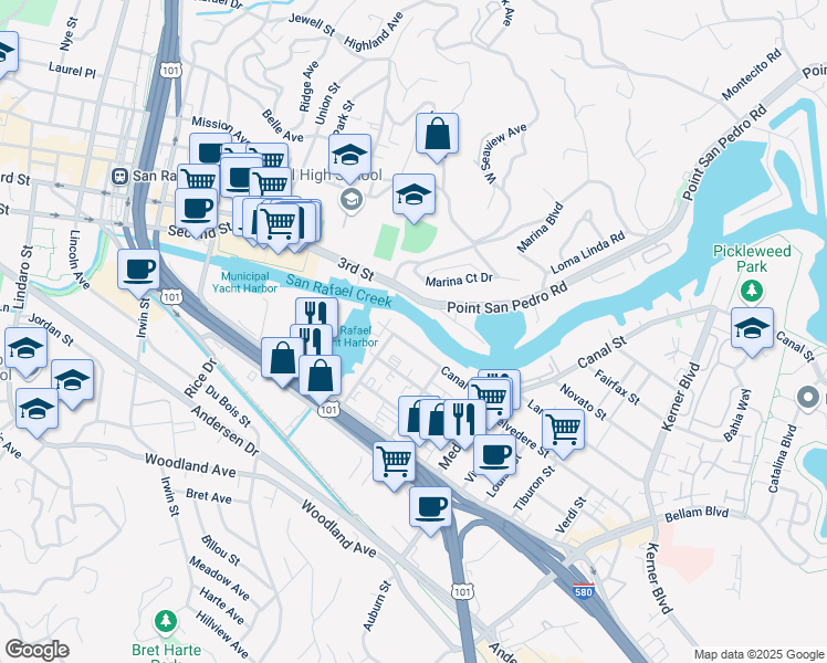 map of restaurants, bars, coffee shops, grocery stores, and more near 7 3rd Street in San Rafael