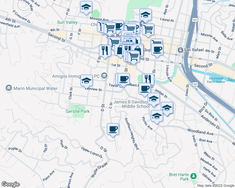 map of restaurants, bars, coffee shops, grocery stores, and more near 2 Bayview Street in San Rafael