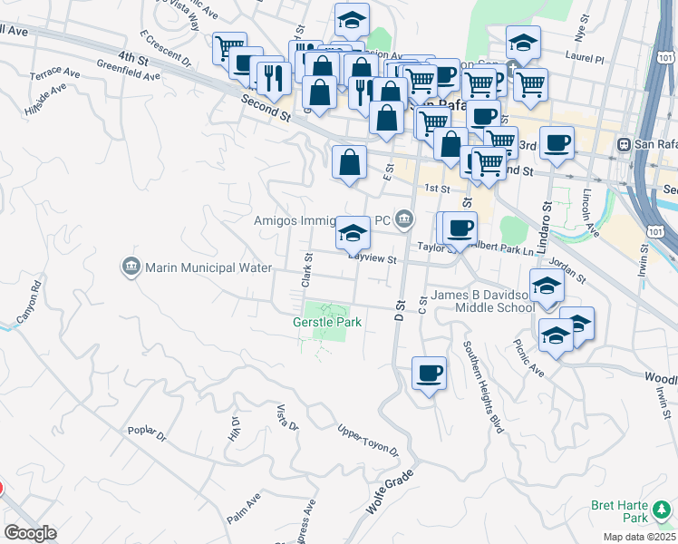 map of restaurants, bars, coffee shops, grocery stores, and more near 323 Bayview Street in San Rafael