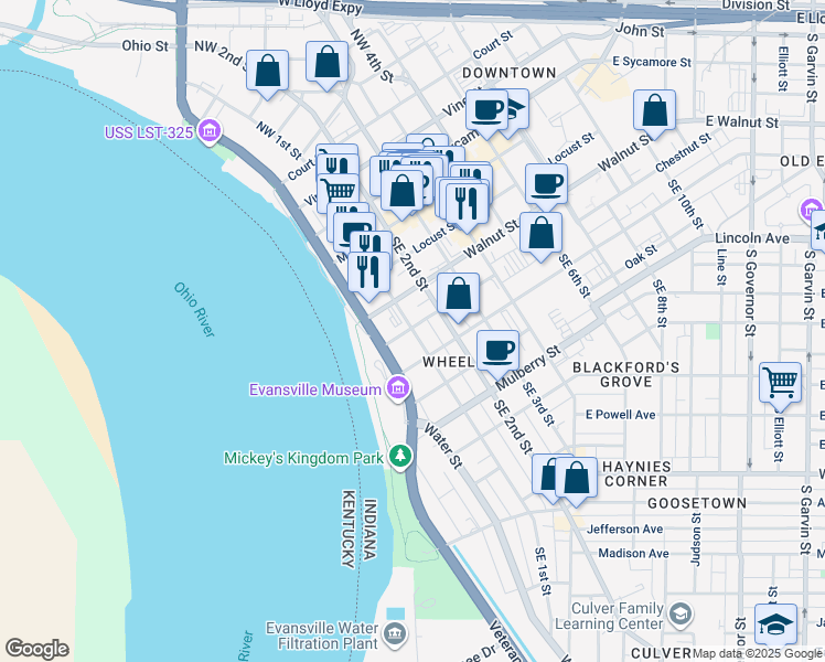 map of restaurants, bars, coffee shops, grocery stores, and more near 17 Walnut Street in Evansville