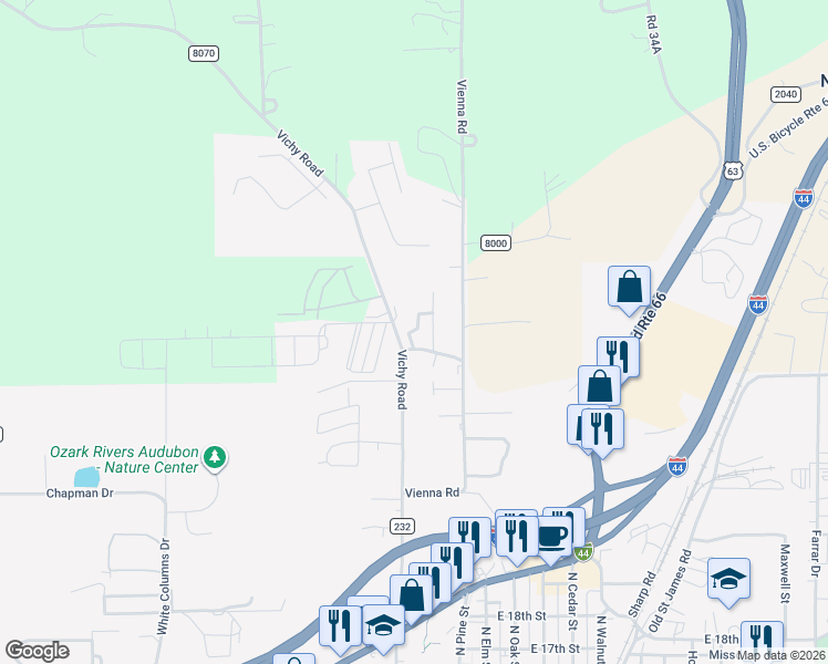 map of restaurants, bars, coffee shops, grocery stores, and more near 2430 Three Chimneys Road in Rolla