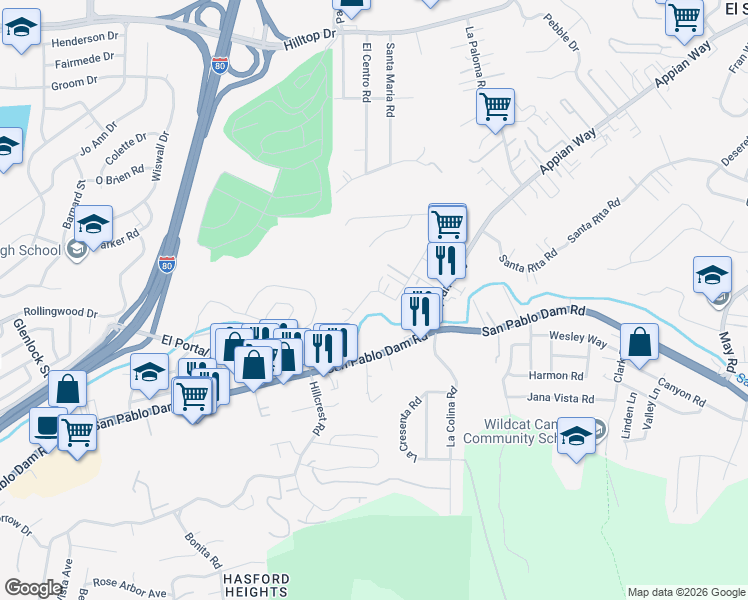 map of restaurants, bars, coffee shops, grocery stores, and more near 4090 Garden Road in El Sobrante