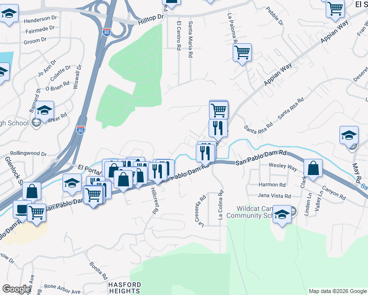 map of restaurants, bars, coffee shops, grocery stores, and more near 4090 Garden Road in El Sobrante