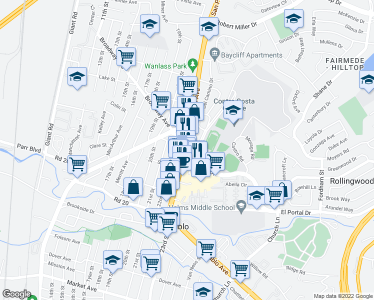 map of restaurants, bars, coffee shops, grocery stores, and more near San Pablo Avenue & Broadway Avenue in San Pablo