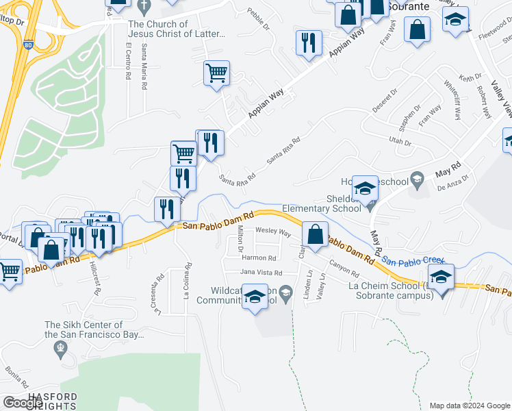 map of restaurants, bars, coffee shops, grocery stores, and more near 4341 San Pablo Dam Road in El Sobrante
