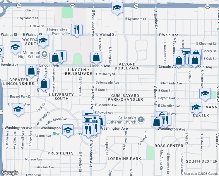 map of restaurants, bars, coffee shops, grocery stores, and more near 2116 Bellemeade Avenue in Evansville