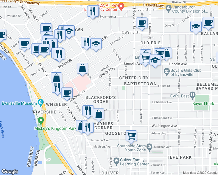 map of restaurants, bars, coffee shops, grocery stores, and more near 629 Gum Street in Evansville