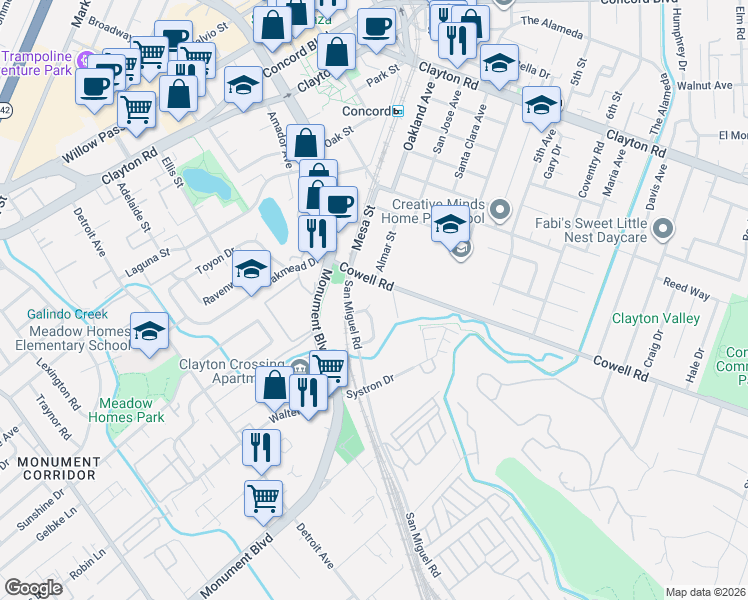 map of restaurants, bars, coffee shops, grocery stores, and more near 2819 Cowell Road in Concord
