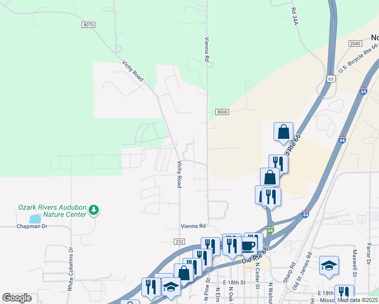 map of restaurants, bars, coffee shops, grocery stores, and more near 2326 Three Chimneys Road in Rolla