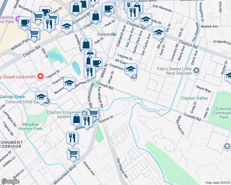 map of restaurants, bars, coffee shops, grocery stores, and more near 1182 Almendra Court in Concord