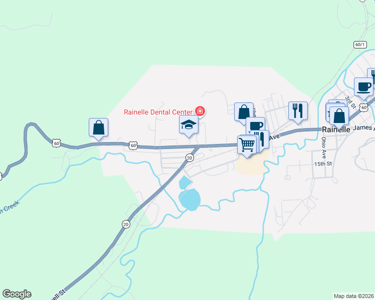 map of restaurants, bars, coffee shops, grocery stores, and more near 212-218 Dogwood Ln in Rainelle