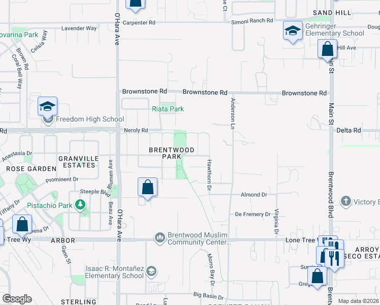 map of restaurants, bars, coffee shops, grocery stores, and more near 2876 Falcon Court in Brentwood