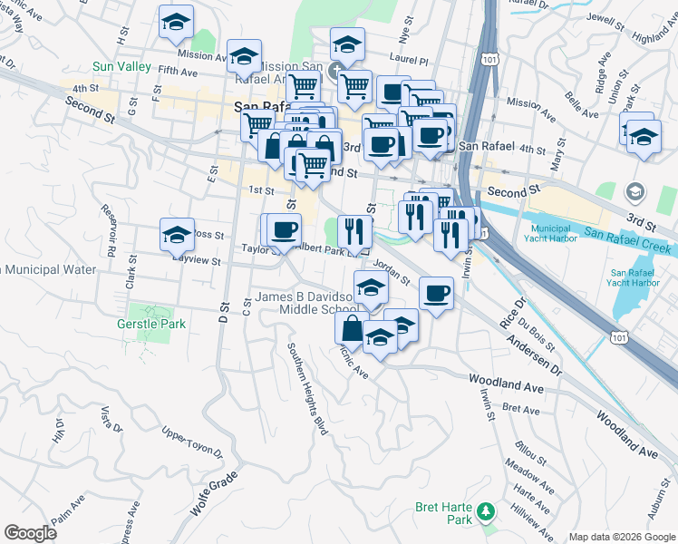 map of restaurants, bars, coffee shops, grocery stores, and more near 76 Albert Park Lane in San Rafael