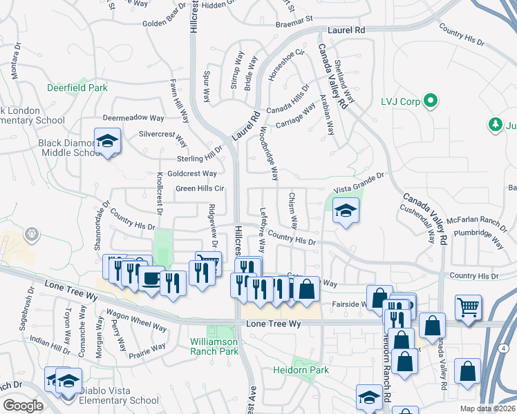 map of restaurants, bars, coffee shops, grocery stores, and more near 4824 Lefebvre Way in Antioch