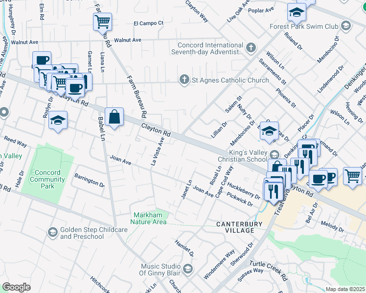 map of restaurants, bars, coffee shops, grocery stores, and more near 1421 Loeffler Lane in Concord