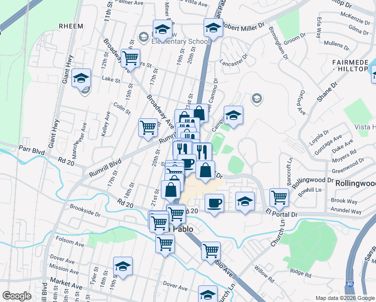 map of restaurants, bars, coffee shops, grocery stores, and more near 14501 San Pablo Avenue in San Pablo