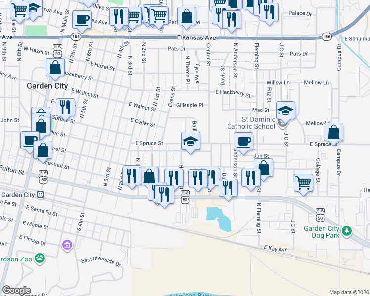 map of restaurants, bars, coffee shops, grocery stores, and more near 601-705 Ballinger Street in Garden City